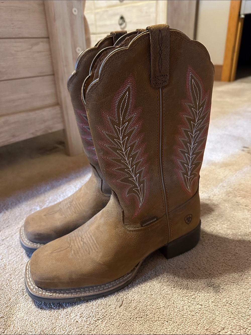 Ariat Brown Leather Western Boots with Pink Accent Stitching - Picture 2 of 4